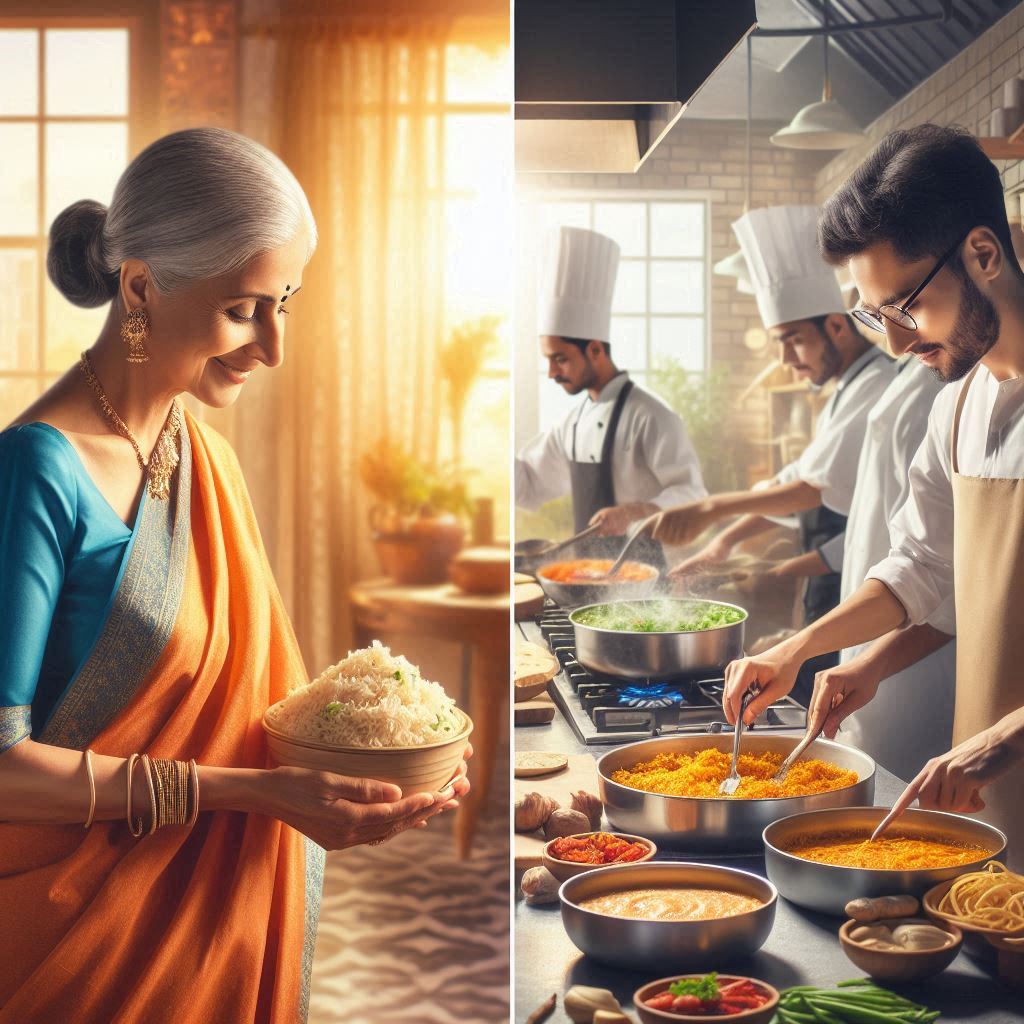 "Illustration of traditional Indian mother serving home-cooked food with positive energy, contrasted with dull processed food from a commercial kitchen. Represents Annamayakosha, the physical body or food sheath in Vedantic philosophy. Ideal for spiritual wellness, Ayurveda, and conscious eating blogs."
