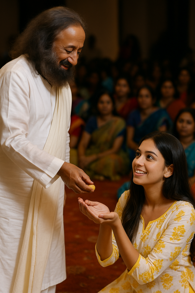 Devotee receiving prasad from Sri Sri Ravi Shankar during darshan at Art of Living Ashram – real-life guru story, spiritual awakening moment, Indian woman in white and yellow dress, divine connection experience.