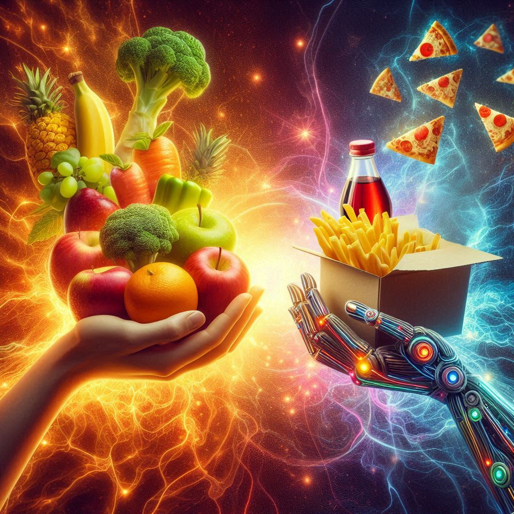 Illustration of traditional Indian mother serving home-cooked food with positive energy, contrasted with dull processed food from a commercial kitchen. Represents Annamayakosha, the physical body or food sheath in Vedantic philosophy. Ideal for spiritual wellness, Ayurveda, and conscious eating blogs