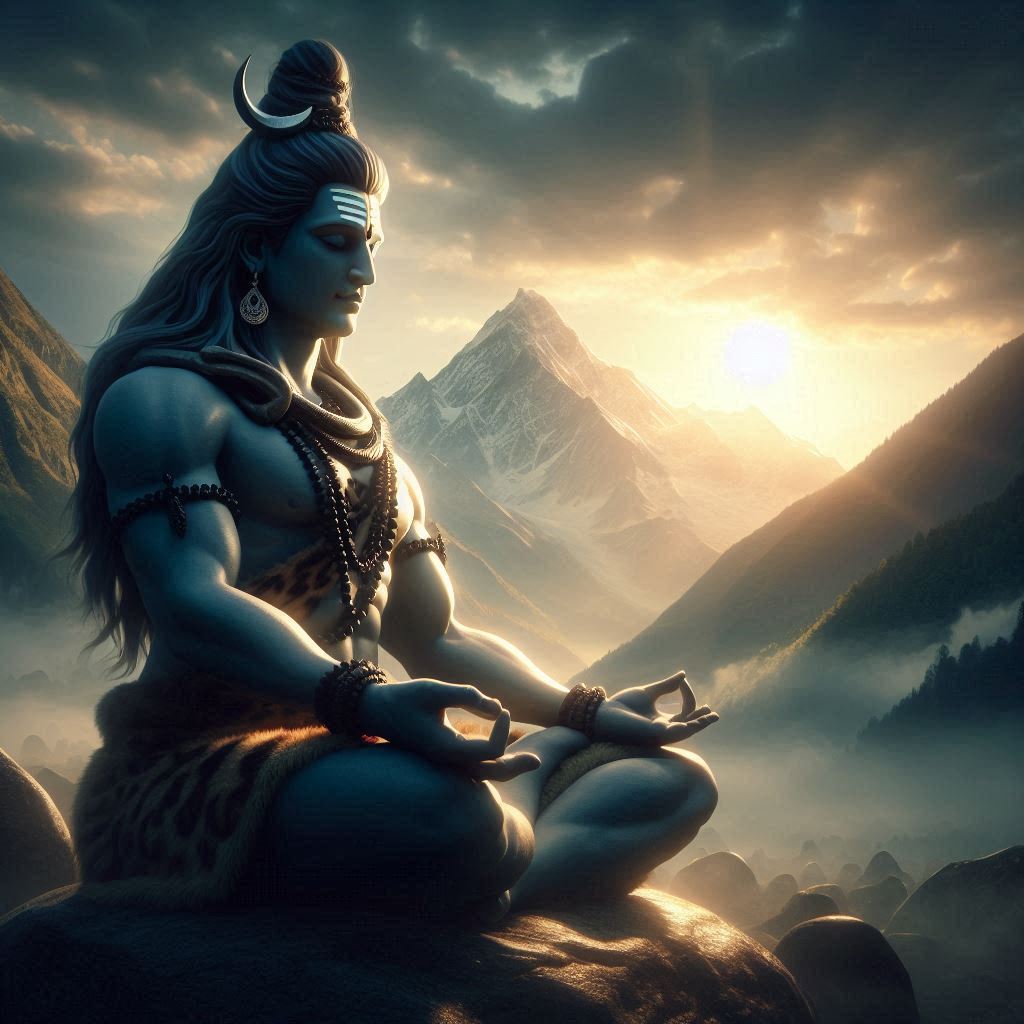 Lord Shiva in deep meditation against a tranquil Himalayan backdrop, symbolizing divine wisdom and spiritual peace.