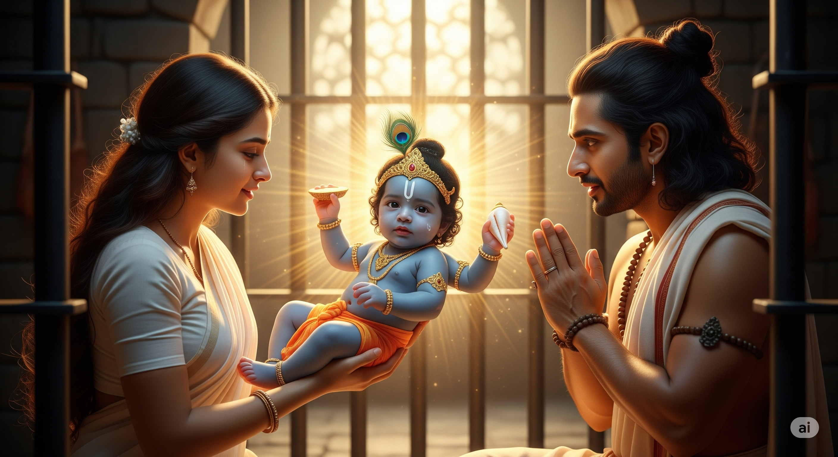 Devaki is holding the infant baby Krishna while Vasudev is amazed