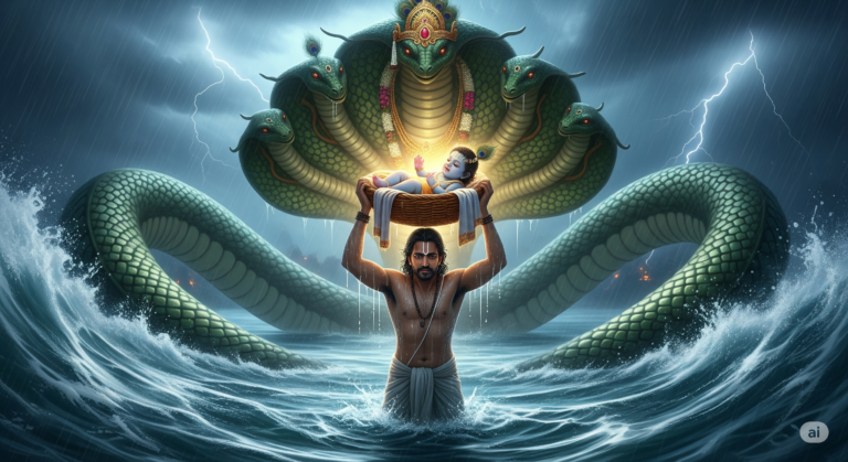 Vasudev is crossing Yamuna river with baby krishna in a basket