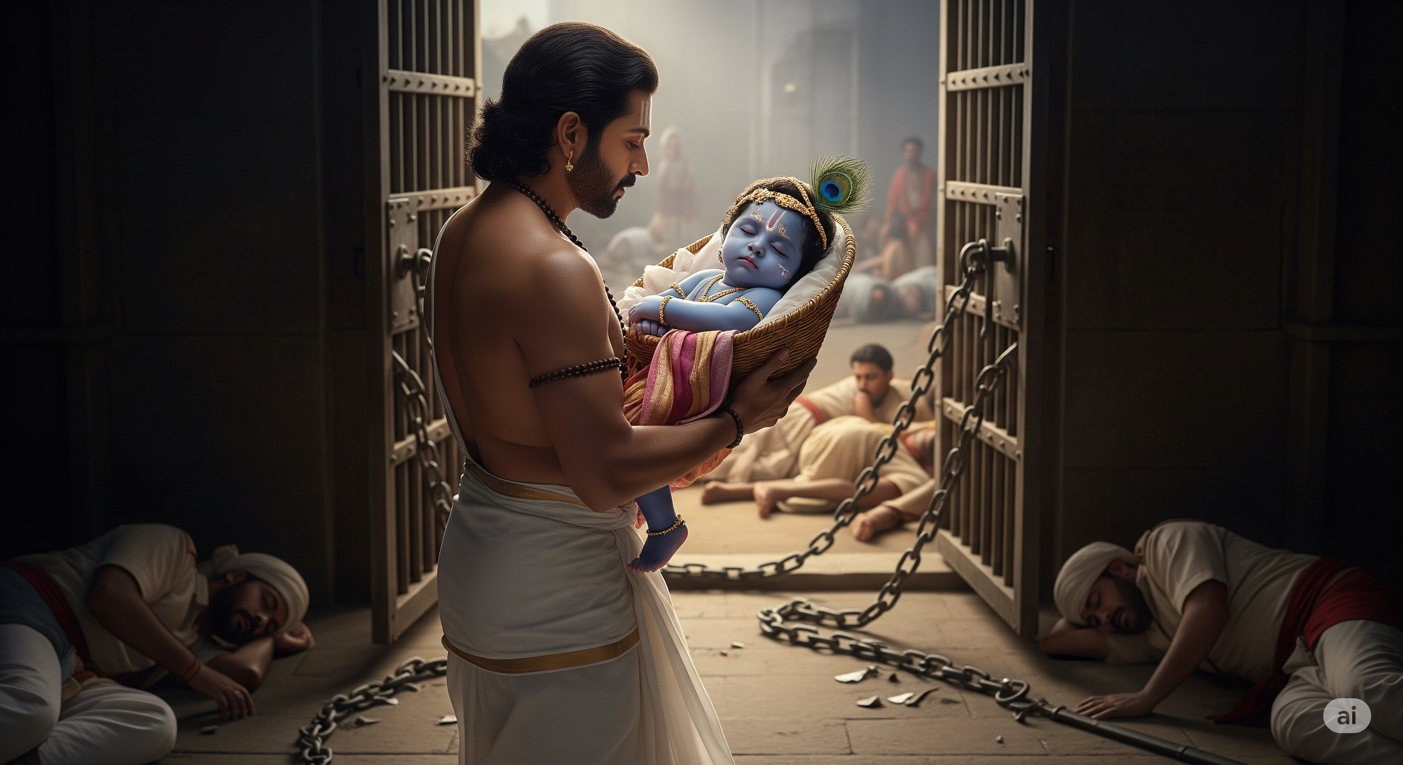 Vasudeva put the baby in a basket and prepared to escape
